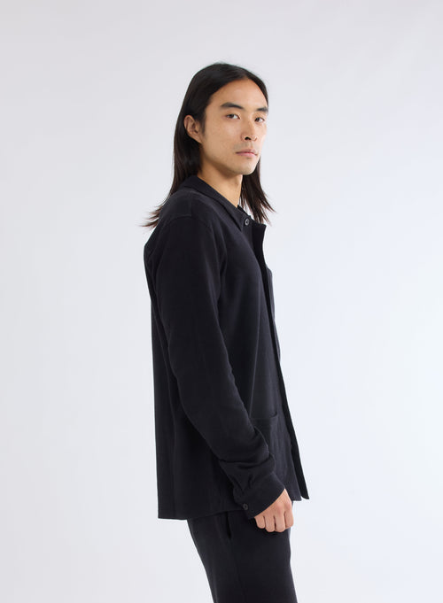 Black Long Sleeve Shirt with Cotton and Cashmere Pockets - MAJESTIC FILATURES