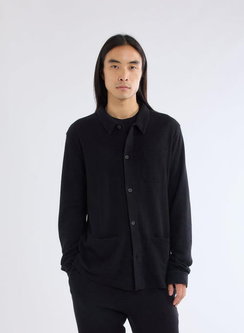 Black Long Sleeve Shirt with Cotton and Cashmere Pockets - MAJESTIC FILATURES
