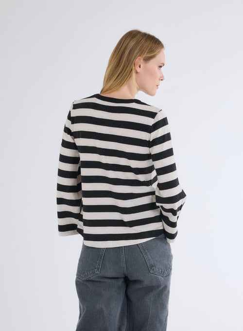 Anthrazitfarbenes und Ecrufarbenes gestreiftes T-Shirt mit Rundhalsausschnitt und langen - MAJESTIC FILATURES
