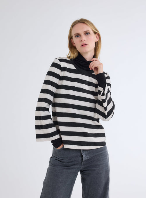 Anthrazitfarbenes und Ecrufarbenes gestreiftes T-Shirt mit Rundhalsausschnitt und langen - MAJESTIC FILATURES