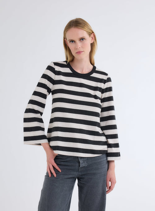 Anthrazitfarbenes und Ecrufarbenes gestreiftes T-Shirt mit Rundhalsausschnitt und langen - MAJESTIC FILATURES