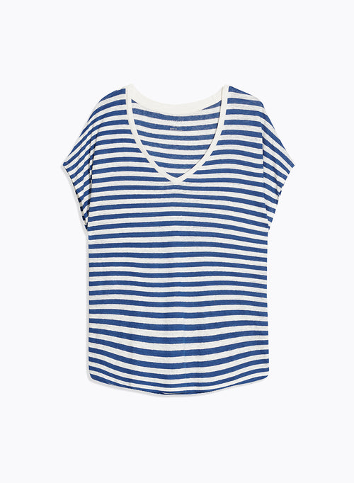 Blue and White Striped V-Neck Short Sleeve Linen T-Shirt - MAJESTIC FILATURES