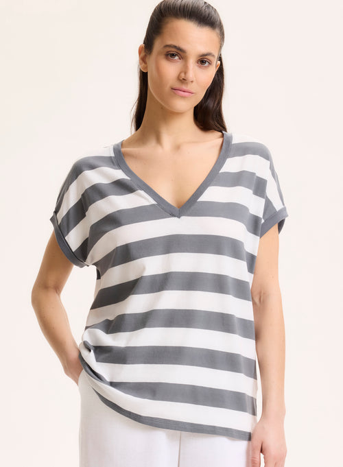Camiseta gris de manga corta con cuello en V en algodón orgánico - MAJESTIC FILATURES