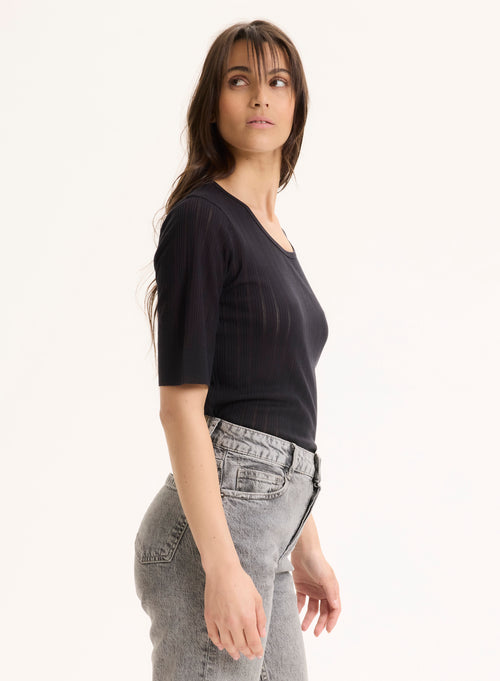 Marineblaues Kurzarm-T-Shirt mit Rundhalsausschnitt aus LYOCELL / TENCEL - MAJESTIC FILATURES