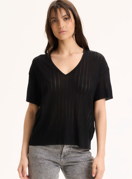 Tee shirt Noir Col V Manches Courtes en LYOCELL / TENCEL - MAJESTIC FILATURES