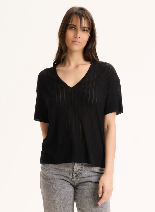 Tee shirt Noir Col V Manches Courtes en LYOCELL / TENCEL - MAJESTIC FILATURES