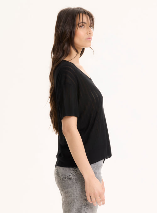 Tee shirt Noir Col V Manches Courtes en LYOCELL / TENCEL - MAJESTIC FILATURES