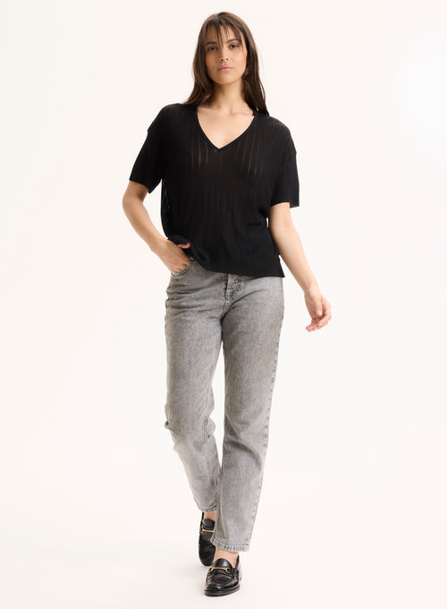 Tee shirt Noir Col V Manches Courtes en LYOCELL / TENCEL - MAJESTIC FILATURES