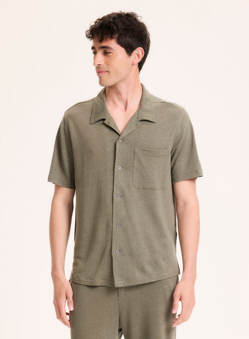 Green Linen Short Sleeve Shirt - MAJESTIC FILATURES