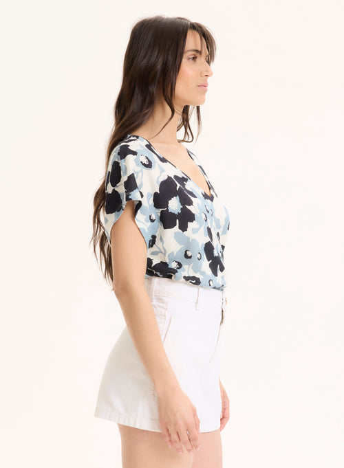 Tee shirt Bleu Col V Manches Courtes en Coton organique / Lin - MAJESTIC FILATURES