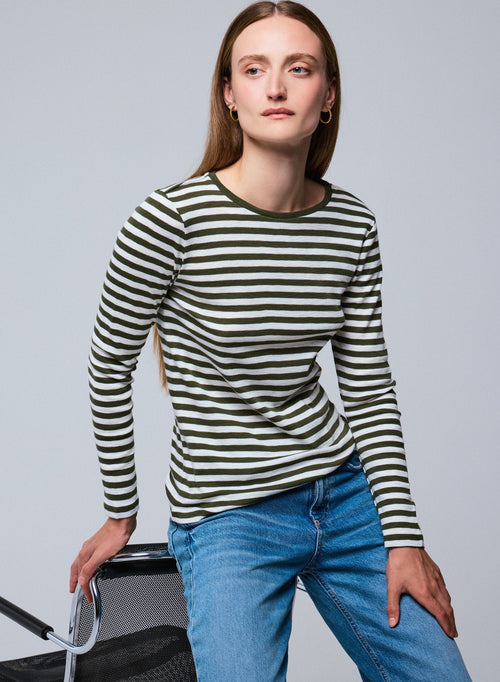 Green / White Stripped Round Neck Long Sleeves T-shirt in Organic Cotton - MAJESTIC FILATURES