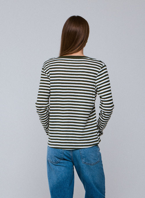 Camiseta de manga larga con cuello en V verde / blanca de algodón orgánico - MAJESTIC FILATURES