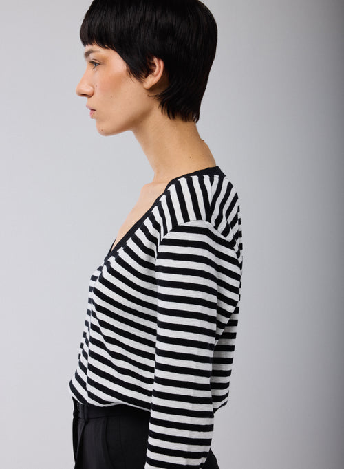 Schwarzes / Beiges T-Shirt V-Ausschnitt Lange Ärmel aus Bio-Baumwolle - MAJESTIC FILATURES