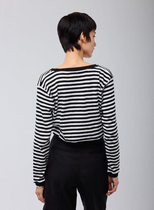 Schwarzes / Beiges T-Shirt V-Ausschnitt Lange Ärmel aus Bio-Baumwolle - MAJESTIC FILATURES