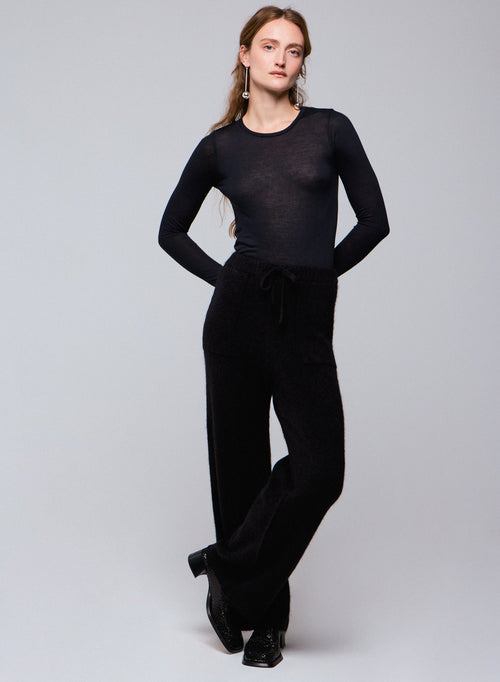 T-shirt Noir Col Rond Manches Longues en Viscose / Cachemire - MAJESTIC FILATURES
