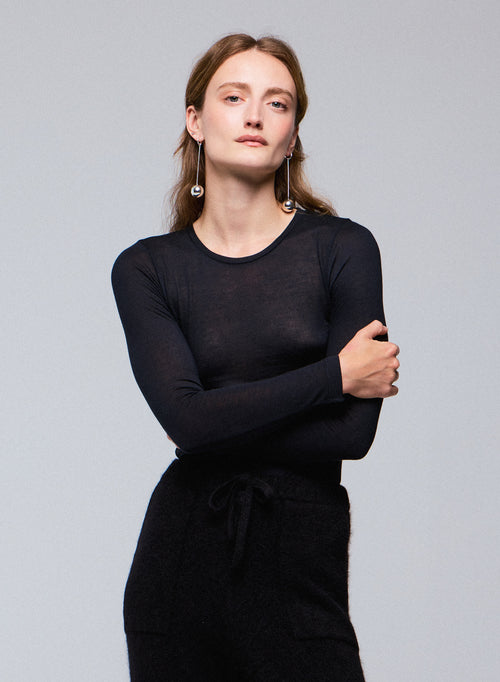 T-shirt Noir Col Rond Manches Longues en Viscose / Cachemire - MAJESTIC FILATURES