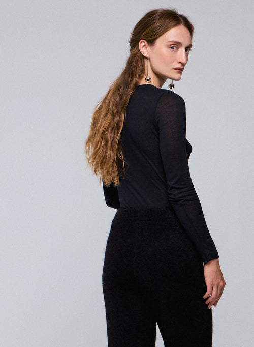 T-shirt Noir Col Rond Manches Longues en Viscose / Cachemire - MAJESTIC FILATURES