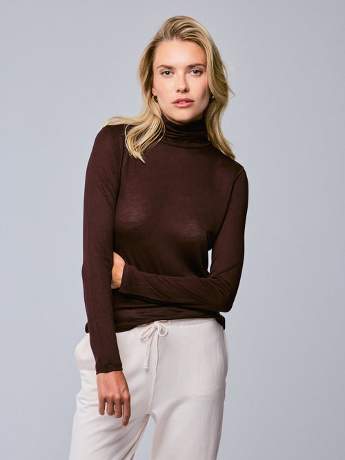 Purple Long Sleeve Turtleneck T-shirt in Viscose / Cashmere - MAJESTIC FILATURES