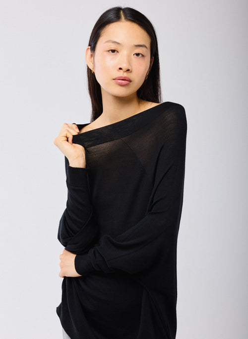 Black Sweater Boat Neck Long Sleeves in Merino Wool - MAJESTIC FILATURES