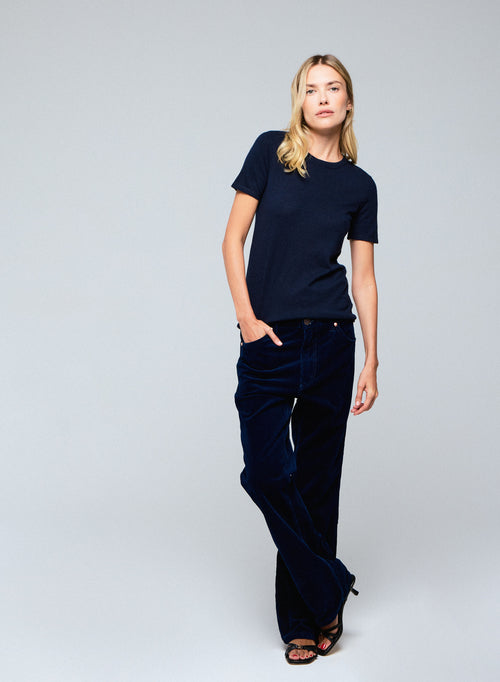 Navy Round Neck Short Sleeve Cashmere T-shirt - MAJESTIC FILATURES