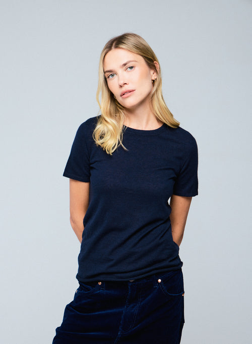 Navy Round Neck Short Sleeve Cashmere T-shirt - MAJESTIC FILATURES