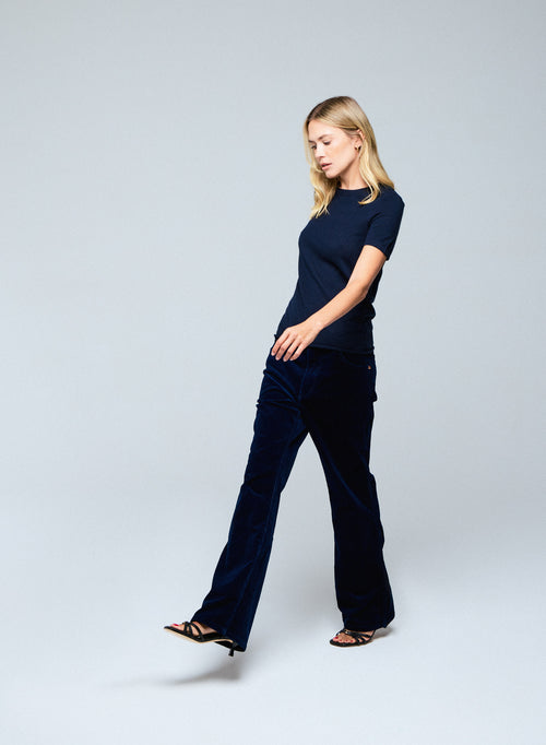 Navy Round Neck Short Sleeve Cashmere T-shirt - MAJESTIC FILATURES