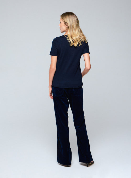 Navy Round Neck Short Sleeve Cashmere T-shirt - MAJESTIC FILATURES