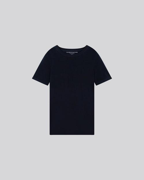 Navy Round Neck Short Sleeve Cashmere T-shirt - MAJESTIC FILATURES