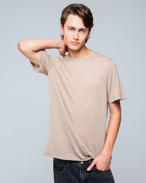 Camiseta de cachemir de manga corta con cuello redondo beige - MAJESTIC FILATURES