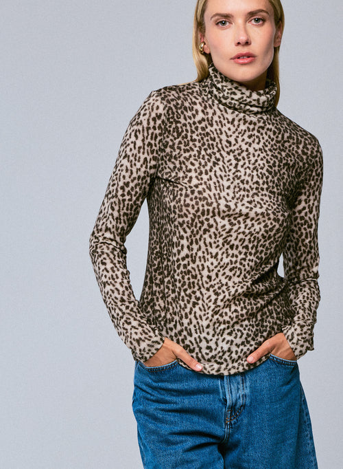 Beige Long Sleeves Turtleneck T-Shirt in Organic Cotton / Cashmere - MAJESTIC FILATURES