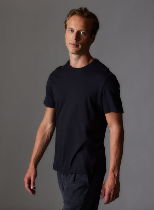 Navy Round Neck Short Sleeve Cotton and Cashmere T-shirt - MAJESTIC FILATURES