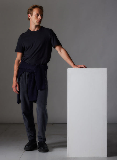 Navy Round Neck Short Sleeve Cotton and Cashmere T-shirt - MAJESTIC FILATURES