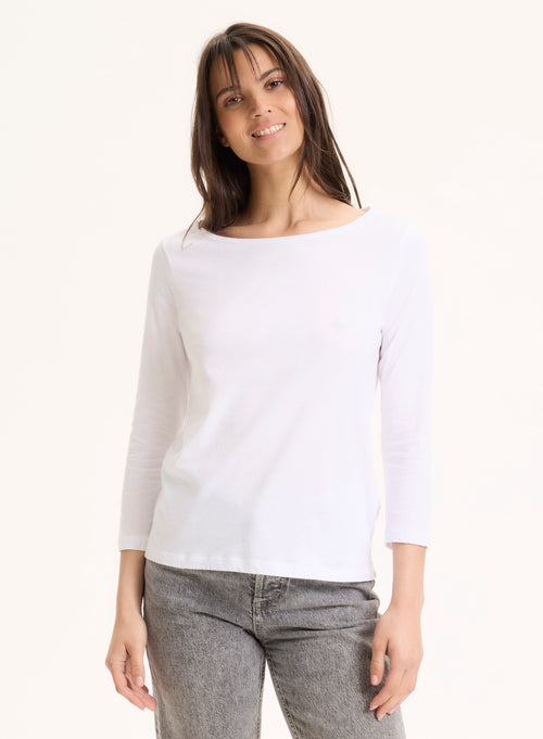 White 3/4 Sleeve Boat Neck Organic Cotton T-shirt - MAJESTIC FILATURES
