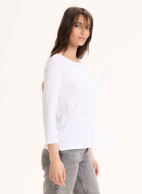 White 3/4 Sleeve Boat Neck Organic Cotton T-shirt - MAJESTIC FILATURES
