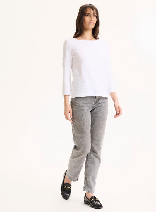 White 3/4 Sleeve Boat Neck Organic Cotton T-shirt - MAJESTIC FILATURES