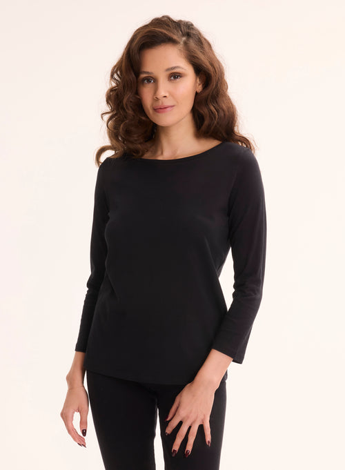 Black 3/4 Sleeve Boat Neck Organic Cotton T-shirt - MAJESTIC FILATURES