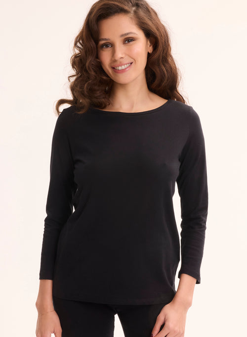Black 3/4 Sleeve Boat Neck Organic Cotton T-shirt - MAJESTIC FILATURES