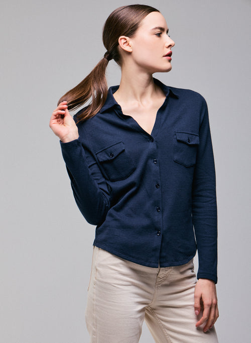 Camisa Azul / Gris Camisa de Manga Larga en Algodón Orgánico / Cachemir - MAJESTIC FILATURES