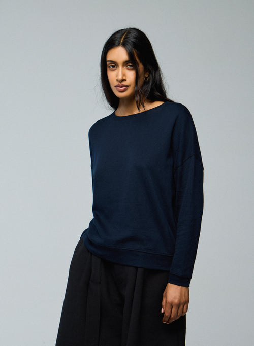 Blue / Grey Round Neck Long Sleeve Sweatshirt in Organic Cotton / Cashmere - MAJESTIC FILATURES