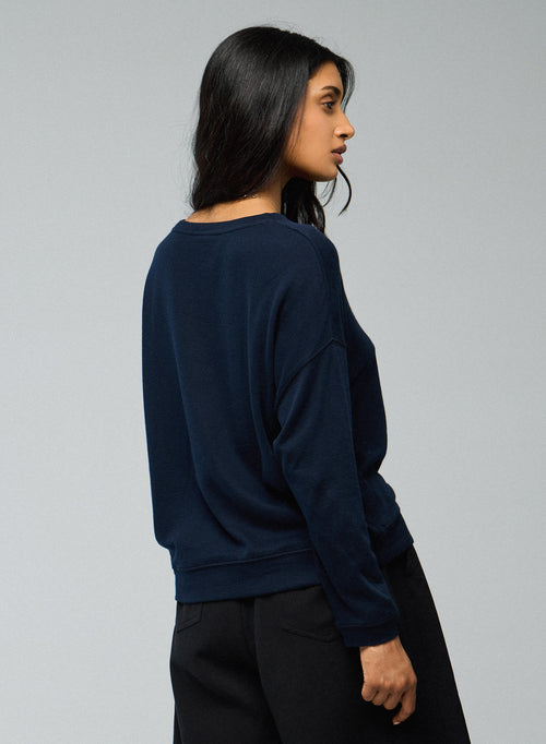 Blue / Grey Round Neck Long Sleeve Sweatshirt in Organic Cotton / Cashmere - MAJESTIC FILATURES