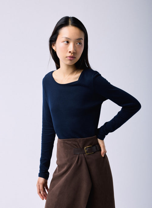 Blau / Graues T-Shirt Rundhals Lange Ärmel aus Bio-Baumwolle / Kaschmir - MAJESTIC FILATURES