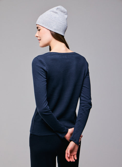 Blau / Grau Langarm-T-Shirt mit V-Ausschnitt aus Bio-Baumwolle / Kaschmir - MAJESTIC FILATURES