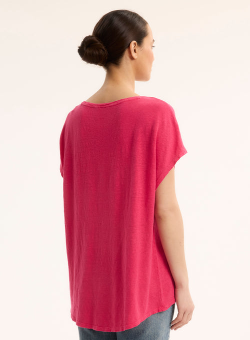 T-shirt Rose Col V Manches Courtes en Lin / Elasthanne - MAJESTIC FILATURES
