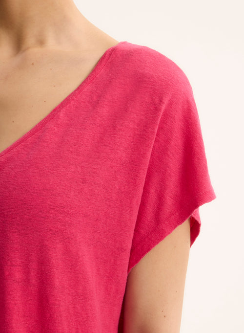 T-shirt Rose Col V Manches Courtes en Lin / Elasthanne - MAJESTIC FILATURES