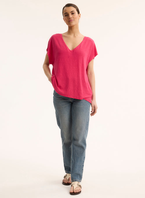 T-shirt Rose Col V Manches Courtes en Lin / Elasthanne - MAJESTIC FILATURES