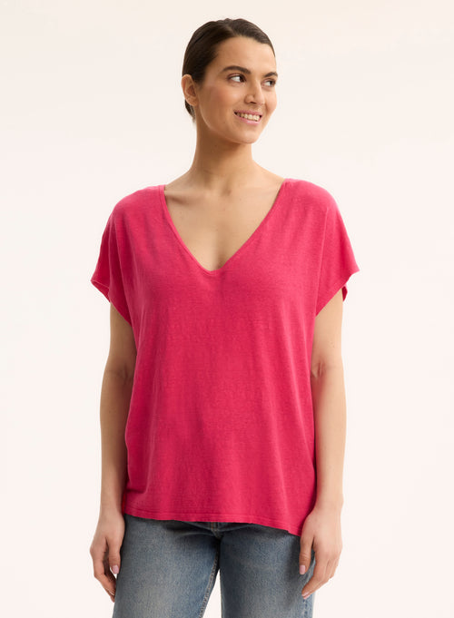 T-shirt Rose Col V Manches Courtes en Lin / Elasthanne - MAJESTIC FILATURES