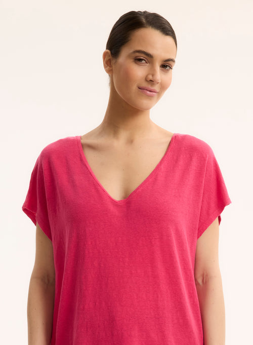 T-shirt Rose Col V Manches Courtes en Lin / Elasthanne - MAJESTIC FILATURES