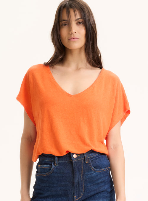 Camiseta naranja de manga corta con cuello en V de lino / elastano - MAJESTIC FILATURES