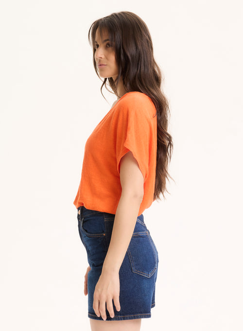 Camiseta naranja de manga corta con cuello en V de lino / elastano - MAJESTIC FILATURES