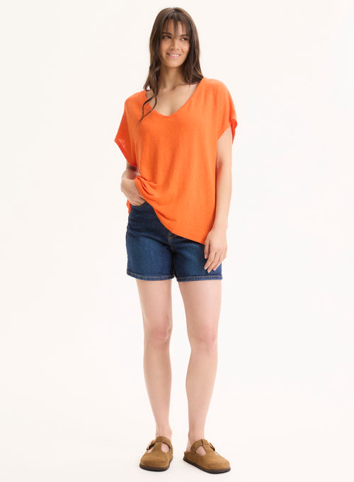 Camiseta naranja de manga corta con cuello en V de lino / elastano - MAJESTIC FILATURES